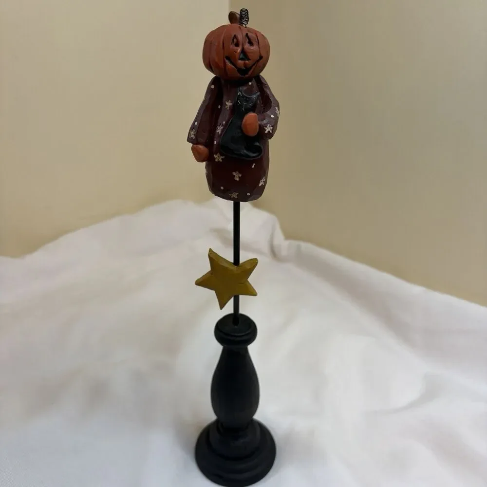 Blossom Bucket Halloween Pumpkin Black Cat Pedestal 13” Suzi Skoglund Folk Art